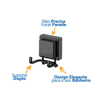 Gancho Duplo com Ventosa para Banheiro - Preto Fosco