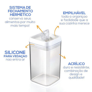 Kit 6 Potes Herméticos Quadrado Médio com Válvula de Vedação 1,7L