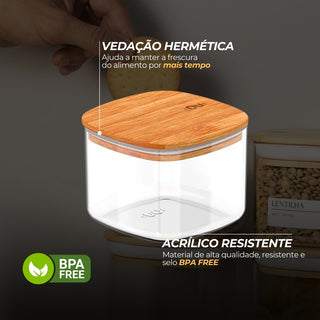 Kit 10 Potes Herméticos Quadrados com Tampa de Bambu - OU