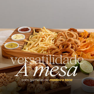 Gamela de Madeira Teca com 3 Ramquins para Servir, Churrascos, Festas e Mesa Posta