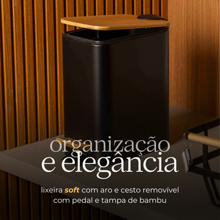 Lixeira Retangular c/ Pedal e Tampa de Bambu - 5L Preto