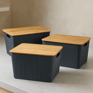 Kit 3 Caixas Organizadoras com Tampa de Bambu Cesto Multiuso de Plástico 18L Cinza Grande