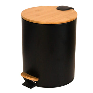 Lixeira Redonda c/ Pedal e Tampa de Bambu - 5L e 12L Preto