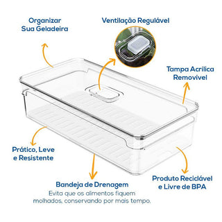 Organizador de Geladeira Acrílico com Tampa Bandeja Removível Clear Fresh 2,8L - OU 