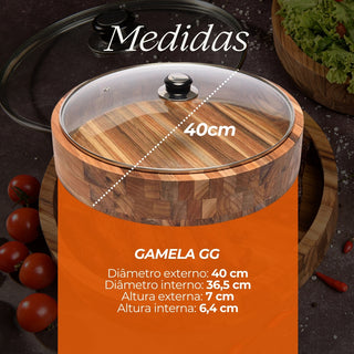 Gamela de Madeira Teca com Tampa de Vidro GG 40cm