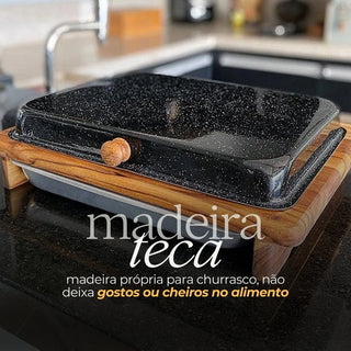 Tábua de Carne para Churrasco com Tampa e Forma Grill - Madeira Teca 39/43cm