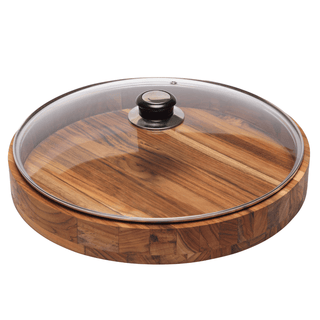 Gamela de Madeira Redonda com Tampa de Vidro Linha Premium 30cm - Madeira Teca Nobre