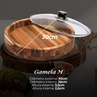 Gamela de Madeira Redonda com Tampa de Vidro Linha Premium 30cm - Madeira Teca Nobre