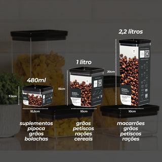 Kit 10 Potes Herméticos com Tampa Preta Quadrado Empilháveis com Vedação Hermética