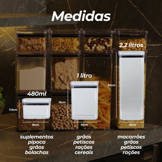 Kit 10 Potes Acrílico Empilháveis ​​com Tampa Hermética e Silicone