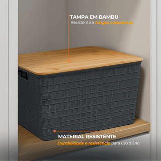 Kit 3 Caixas Organizadoras com Tampa de Bambu Cesto Multiuso de Plástico 18L Cinza Grande