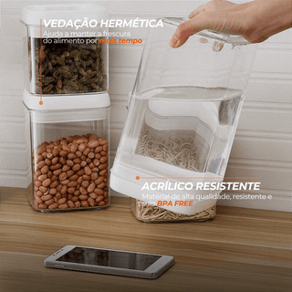 Kit 4 Potes Herméticos de Acrílico Quadrado Grande com Vedação 2,3L
