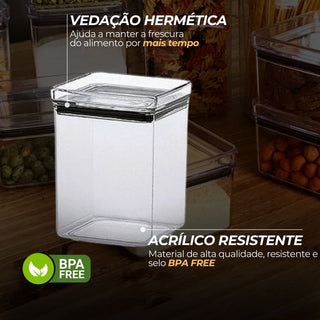 Kit 6 Potes Hermético Quadrado de Acrílico 1 Litro