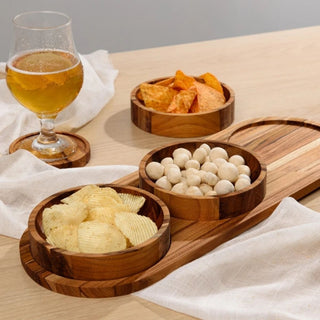 Petisqueira de Madeira Teca com 3 Tigelas Para servir Petiscos