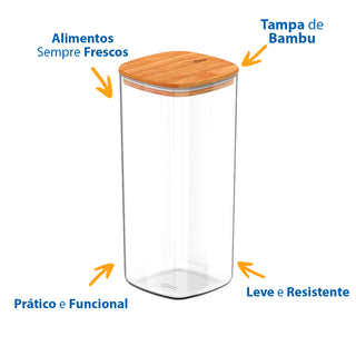 Pote Hermético de Acrílico com Tampa de Bambu 1,5L - OU