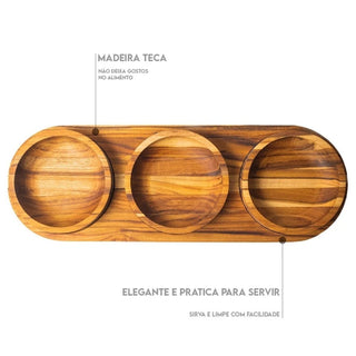 Petisqueira de Madeira Teca com 3 Tigelas Para servir Petiscos