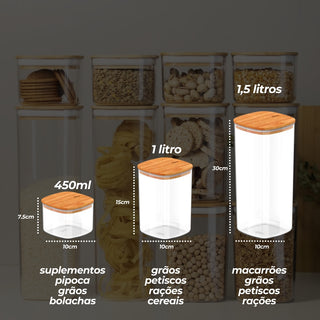 Kit 10 Potes Herméticos Quadrados com Tampa de Bambu - OU