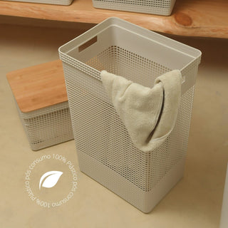 Kit 2 Cestos de Roupas Grid Com Tampa de Bambu para Banheiro, Lavanderia e Quarto 49L - OU