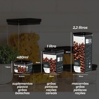 Kit 12 Potes Herméticos com Tampa Preta Empilháveis com Vedação Hermética