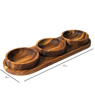 Petisqueira de Madeira Teca com 3 Tigelas Para servir Petiscos