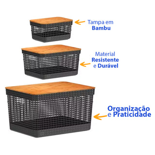 Kit 3 Caixas Organizadoras Para Banheiro, Sala, Escritório e Cozinha - Bege e Preto 3 Tamanhos