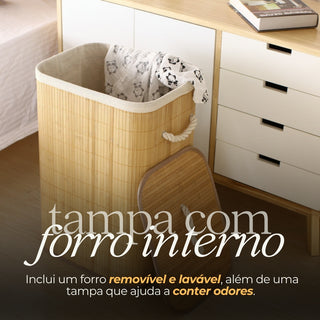 Cesto de Bambu Claro com Tampa para Lavanderia, Banheiros e Quartos