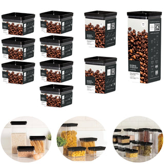 Kit 10 Potes Herméticos Tampa Preta Quadrado com Anel de Vedação