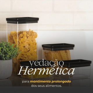Kit 4 Potes Herméticos Retangulares Tampa Preta Empilháveis, BPA Free e Vedação Total