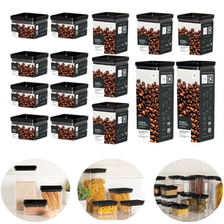 Kit 16 Potes Herméticos com Tampa Preta Quadrado Empilháveis com Vedação Hermética