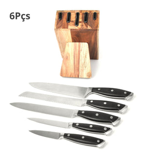 Conjunto de Facas com Cepo de Madeira Acácia - James.F - 5 Facas + Cepo