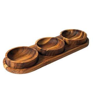 Petisqueira de Madeira Teca com 3 Tigelas Para servir Petiscos
