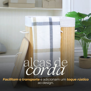 Cesto de Bambu Claro com Tampa para Lavanderia, Banheiros e Quartos