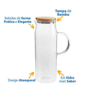 Jarra de Vidro com Tampa de Bambu Suqueira 1,5L - OU
