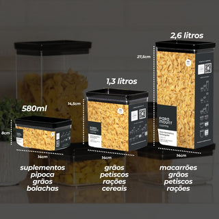 Kit 4 Potes Herméticos Retangulares Tampa Preta Empilháveis, BPA Free e Vedação Total