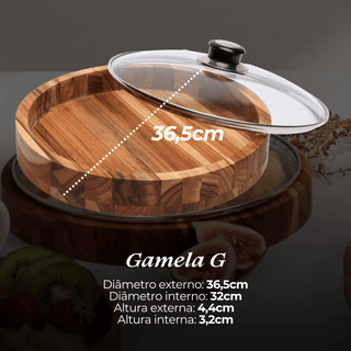 Gamela de Madeira Teca Redonda com Tampa de Vidro 36,5cm