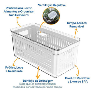 Kit 2 Organizadores de Geladeira Acrílico com Tampa e Cesto Drenagem Clear Fresh 5 Litros - OU 
