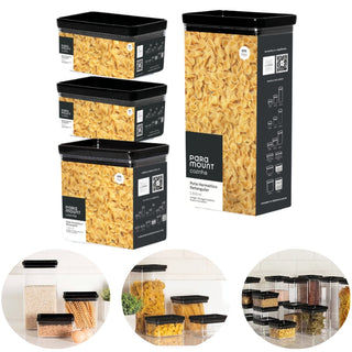 Kit 4 Potes Herméticos Retangulares Tampa Preta Empilháveis, BPA Free e Vedação Total
