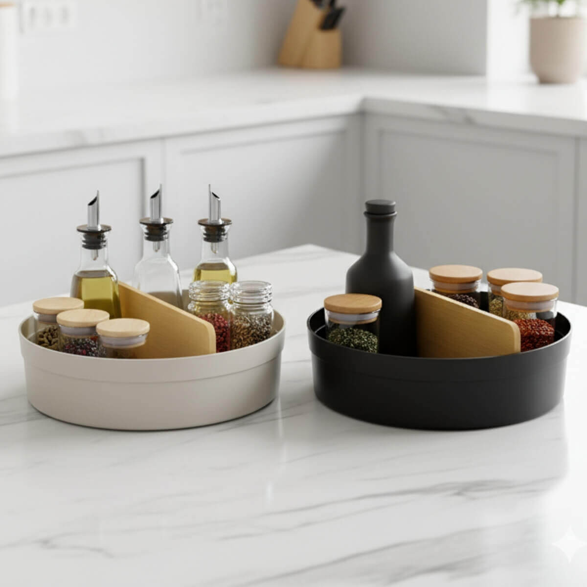 Organizadores giratórios com divisória em bambu nas cores branco e preto sobre bancada com galheteiro e porta temperos 