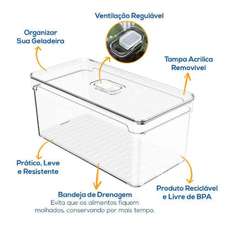 Organizador de Geladeira Acrílico 5L com Tampa e Bandeja – OU Clear Fresh | Ideal para Alimentos e Verduras