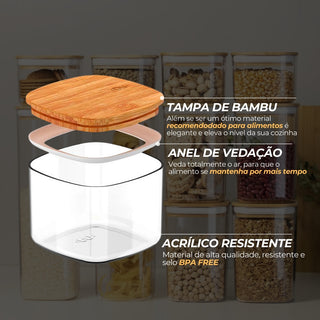 Kit 10 Potes Herméticos Quadrados com Tampa de Bambu - OU