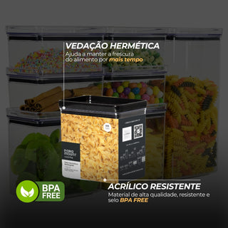 Kit 4 Potes Herméticos Retangulares Tampa Preta Empilháveis, BPA Free e Vedação Total
