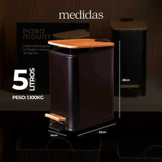 Lixeira Retangular c/ Pedal e Tampa de Bambu - 5L Preto