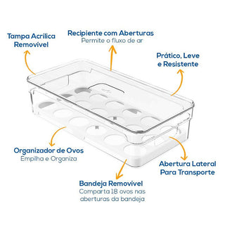 Organizador de Ovos para Geladeira Acrílica - 18 Ovos com Tampa - OU 