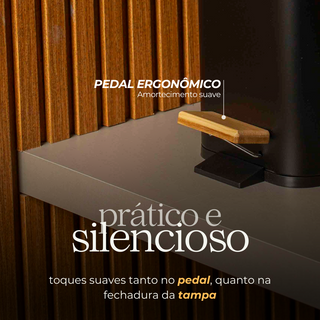 Lixeira Retangular c/ Pedal e Tampa de Bambu - 5L Preto