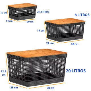 Kit 3 Caixas Organizadoras Para Banheiro, Sala, Escritório e Cozinha - Bege e Preto 3 Tamanhos