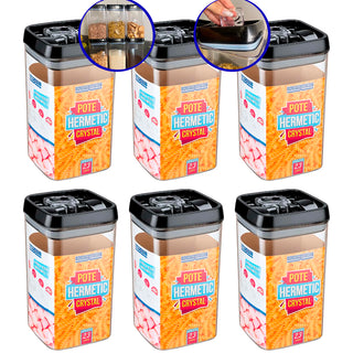 Kit 6 Potes Herméticos Quadrado Grande Preto - 2,3L