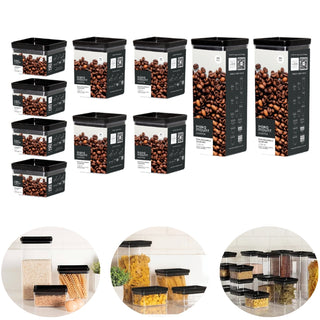 Kit 10 Potes Herméticos com Tampa Preta Quadrado Empilháveis com Vedação Hermética