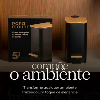 Lixeira Retangular c/ Pedal e Tampa de Bambu - 5L Preto