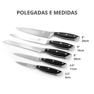 Conjunto de Facas com Cepo de Madeira Acácia - James.F - 5 Facas + Cepo