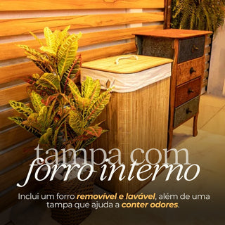 Cesto de Bambu Claro com Tampa para Lavanderia, Banheiros e Quartos